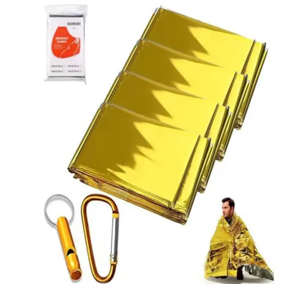 4 st värmefiltar skyddar mot kyla, regn, värme och vind, 210 x 160 cm med karbinhake och visselpipa i järn (guld/silver)
