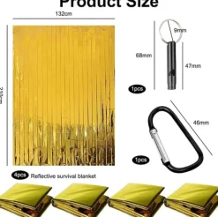 4 st värmefiltar skyddar mot kyla, regn, värme och vind, 210 x 160 cm med karbinhake och visselpipa i järn (guld/silver)