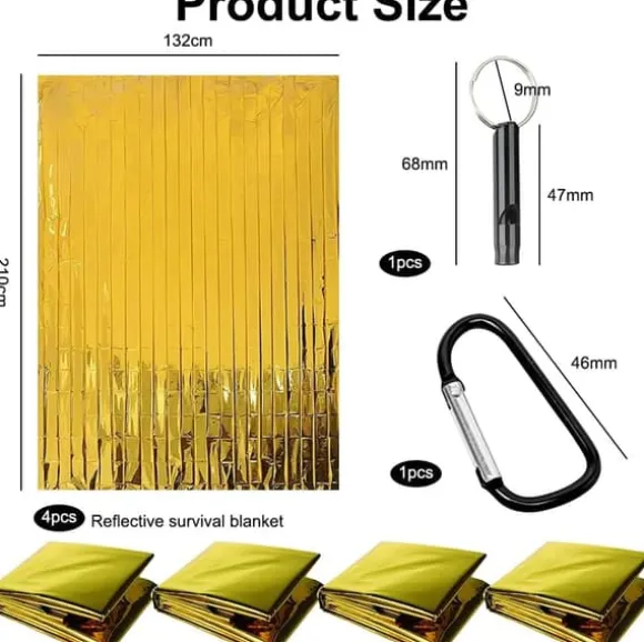 4 st värmefiltar skyddar mot kyla, regn, värme och vind, 210 x 160 cm med karbinhake och visselpipa i järn (guld/silver)