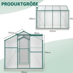 Aluminium växthus med grund 4,75 m² - 190 × 253 cm, inkl. 1 takfönster och skjutdörr, trädgårdsväxthus, tomatväxthus