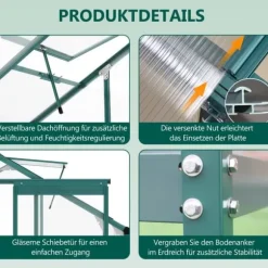 Aluminium växthus med grund 4,75 m² - 190 × 253 cm, inkl. 1 takfönster och skjutdörr, trädgårdsväxthus, tomatväxthus