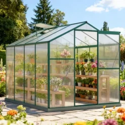 Aluminium växthus med grund 4,75 m² - 190 × 253 cm, inkl. 1 takfönster och skjutdörr, trädgårdsväxthus, tomatväxthus