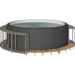 Badtunna infattning med förvaring och trappsteg i trä grå