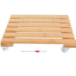 Bambu Flyttbar Krukväxt Blomhylla Förvaringsställ Bricka med Hjul för Utomhusträdgård