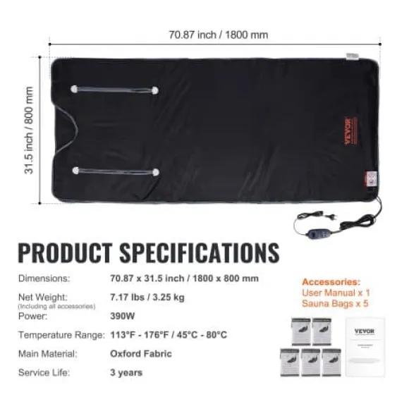 Bastu-filt Fjärrinfraröd Uppvärmning 180x79 cm, Armhål, Oxfordtyg