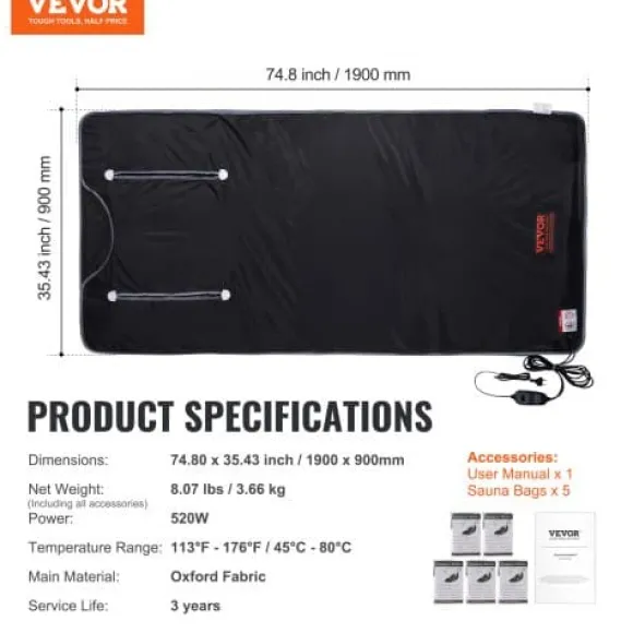 Bastu-filt Fjärrinfraröd Uppvärmning 190x89 cm, Armhål, Oxfordtyg