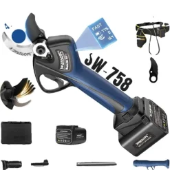 Batteridrivna beskärningssaxar, borstlös motor, hållbara blad,två batterier, SW-758 B med pol