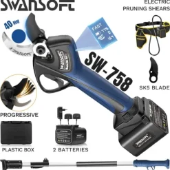 Batteridrivna beskärningssaxar, borstlös motor, hållbara blad,två batterier, SW-758 B med pol