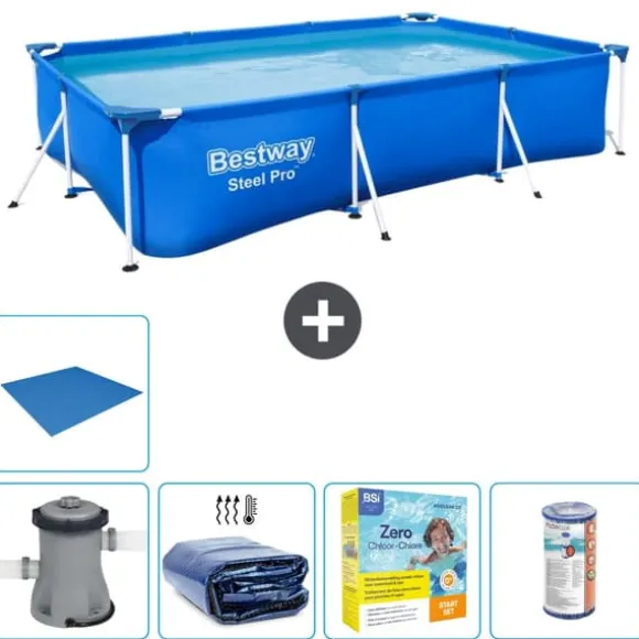 Bestway Rectangular Steel Pro Swimming Pool - 300 x 201 x 66 cm - Blå - Inklusive Tillbehör - CB16