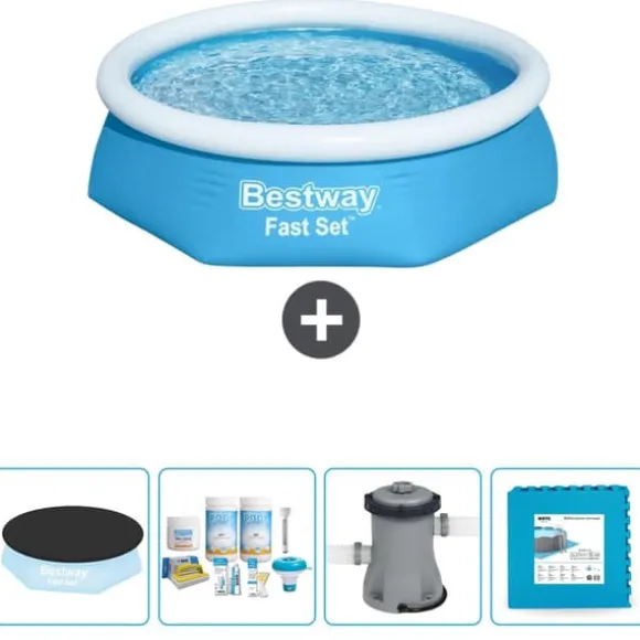 Bestway Round Uppblåsbar Fast Set Pool - 244 x 61 cm - Blå - Ingår Tillbehör CB2