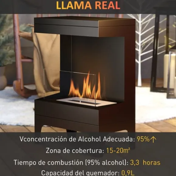 Bioetanolkamin - Fristående - 0,9 l tank - Flamspärr i rostfritt stål - Brinntid 3,3 h - För inomhus 15–20 m² - Svart
