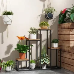 Blomhylla 4 nivåer växtställ för balkong/trädgård, trä ljusbrun 80×20×74 cm