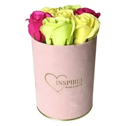 Blomlåda Inspiruj - Rosa låda med tvålrosor - nr 17 Mix fuchsia grön gul