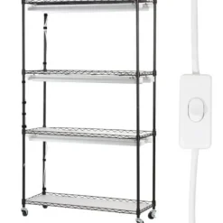 Blomsterställ med växtlampa, 90x35x150 cm, Svart, Metall