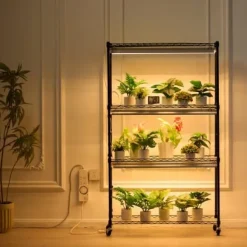 Blomsterställ med växtlampa, 90x35x150 cm, Svart, Metall