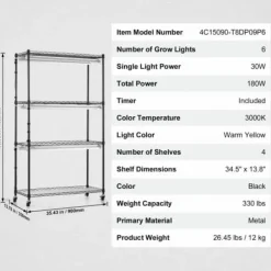 Blomsterställ med växtlampa, 90x35x150 cm, Svart, Metall