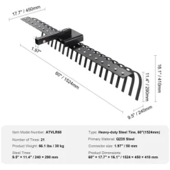 Bogsering bakom landskapskratta 60, Dethatcher-raka med 21 stålpinnar, effektiv borttagning av mossa, ergonomisk design