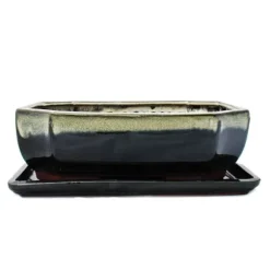 bonsai skål med fat storlek 4 - specialglasyr med ädel färggradienteffekt - rektangulär g117 - svart-vit - l