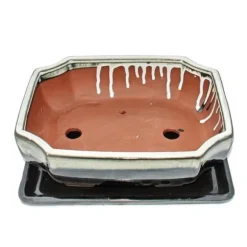 bonsai skål med fat storlek 4 - specialglasyr med ädel färggradienteffekt - rektangulär g117 - svart-vit - l