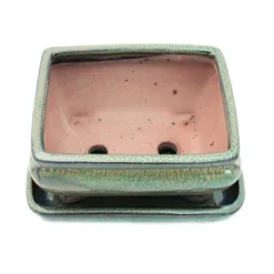 bonsai skål med fat storlek 2 - olivbrun - kantig - modell g81 - l 14,5 cm - b 11,3 cm - h 6,6 cm