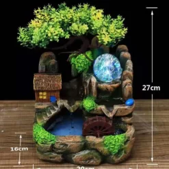 Bordsfontän - Inomhusfontän - LED-belysning - Konstgjorda träd - Klipplandskap - Cirkulerande vatten - 27 x 20 x 16 cm - Harts