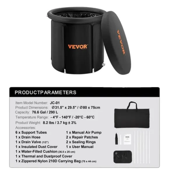 Bärbar isbadkar, 76,6 gallons kapacitet, temperaturintervall -4°F till 140°F,75x80