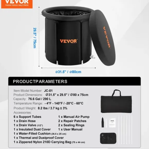 Bärbar isbadkar, 76,6 gallons kapacitet, temperaturintervall -4°F till 140°F,75x80