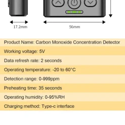 Bärbar kolmonoxiddetektor med elektrokemisk sensor för realtidsövervakning av CO, temperatur och luftfuktighet