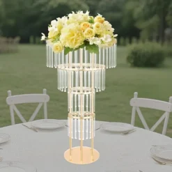 Bröllopsblomsterställ med kristaller - 4-vånings rund piedestal - Fristående - 50×90 cm - Järn och akryl - Ljusrosa