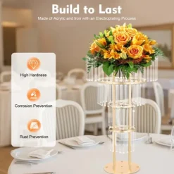 Bröllopsblomsterställ med kristaller - 4-vånings rund piedestal - Fristående - 50×90 cm - Järn och akryl - Ljusrosa