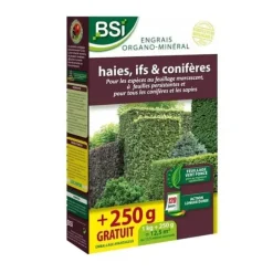 BSI - Organo-mineralgödsel - Organiskt - Häckar, barrträd - För vintergröna och barrträd - 1 kg - Plus 250 g gratis - 12,5 m²