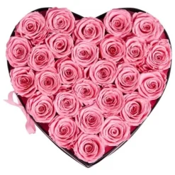 Bukett med bevarade rosor, 27 rosor hjärtformad ask, 223x230x140 mm, rosa
