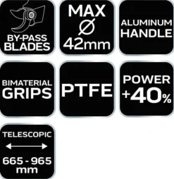 Bypass-sekatör 665 mm, räckvidd upp till 42 mm, växel, teleskophandtag