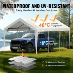 Carport ersättande kapell 10 x 20 fot, garage tält, vattentät & UV-skyddad, enkel installation med bollbyxor, vit (endast topp)