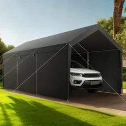 Carport, 365x609x302 cm, Grå, Stålram