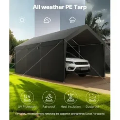 Carport, 365x609x302 cm, Grå, Stålram