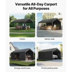 Carport, 365x609x302 cm, Grå, Stålram