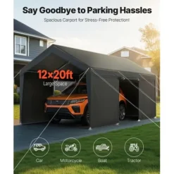 Carport, 365x609x302 cm, Grå, Stålram