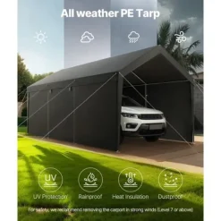Carporttak 3,5x6,5m, Kraftigt Bilskydd, med Sidoväggar, Färg: Vitt
