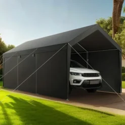Carporttak 3,5x6,5m, Kraftigt Bilskydd, med Sidoväggar, Färg: Vitt