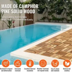 Däckplattor i Massivt Trä, 10-Pack Sammankopplade, 12x12 Kamferfuru, Optimal för Veranda