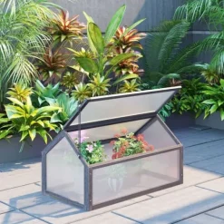 Drivbänk i trä 90x52x49,5 cm, ljusgenomsläppligt lock, vintertålig – grå