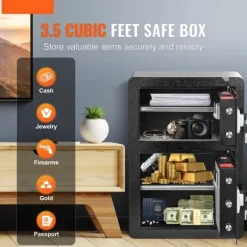 Dubbeldörr Kassaskåp 3,5 ku.ft med Nyckellås och Lösenord, Brandsäker Väska i Svart