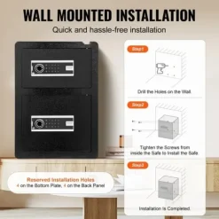 Dubbeldörr Kassaskåp 3,5 ku.ft med Nyckellås och Lösenord, Brandsäker Väska i Svart