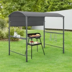 [en.casa] BBQ-paviljong Pyrgos-215x220x140cm-pulverlackerat stål-eldtåligt tak-med sidohyllor-antracit-mörkgrå