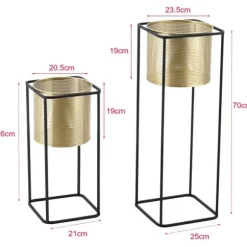 [en.casa] Växtställ Mettet set 2-med inbyggda krukor-46x21x21cm-70x25x25cm-metall-svart-guld
