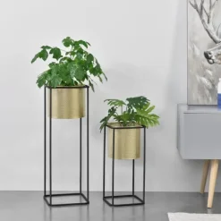 [en.casa] Växtställ Mettet set 2-med inbyggda krukor-46x21x21cm-70x25x25cm-metall-svart-guld