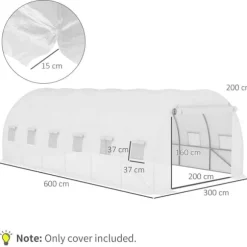 Ersättningsfolie 600x300x200 cm, frontdörr & 12 fönster, rivtålig UV-PE – växthustunnel, vit