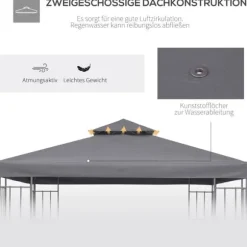 Ersättningstak 3x3 m för metallpaviljong, vädertåligt polyester, mörkgrå