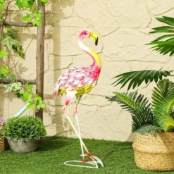 Flamingo i metall - Trädgårdsstaty - Utomhusprydnad - Väderbeständig - Fristående - Flerfärgad